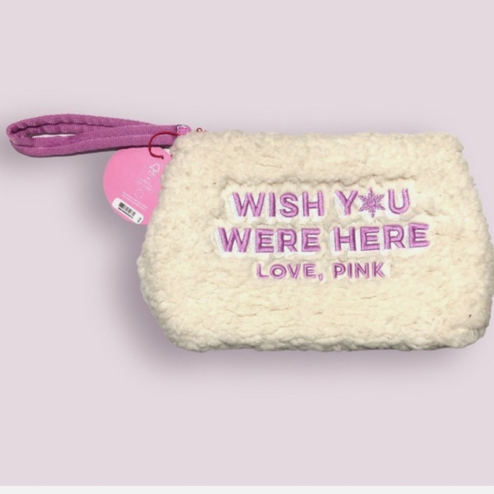 PINK Victoria's Secret White and Purple Cosmetic Bag with matching eye mask nip!